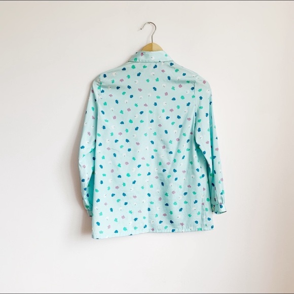 vintage aqua satin printed buttonup blouse - Picture 5 of 6
